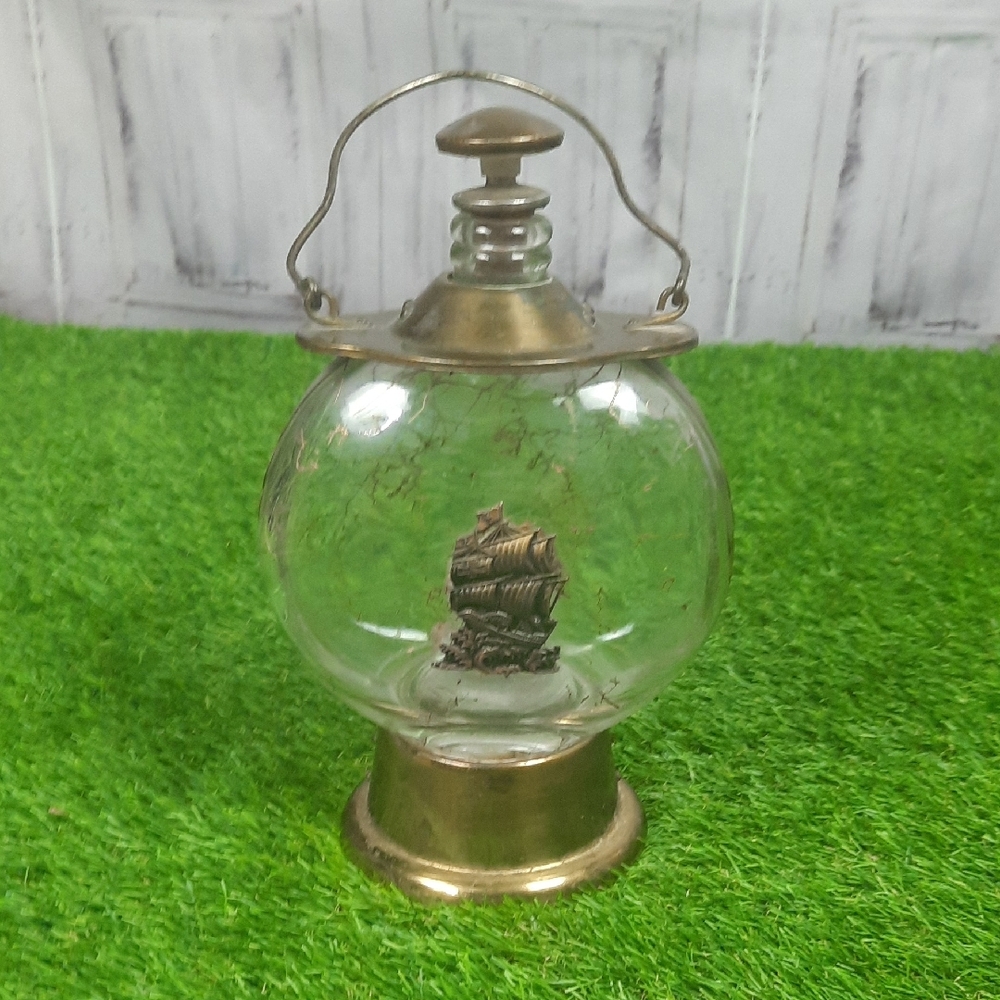 Vintage Brass and Glass Ship Lantern Wind Up Musical
